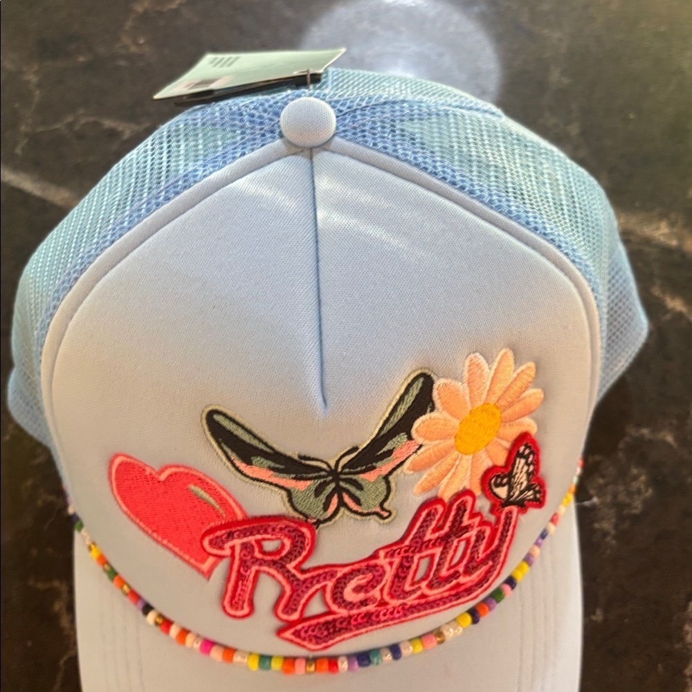 The Spring shop  Beaded Rhinestone Heart Butterfly Daisy Adjustable Cap NWT - Picture 6 of 11